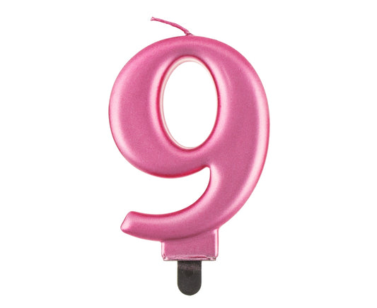 Świeczka cyfra 9 urodziny, metalik różowa, 8 cm