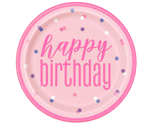 Talerzyki papierowe Glitz Happy Birthday, 23 cm, różowy/srebrny, 8 szt. (plastic-free)