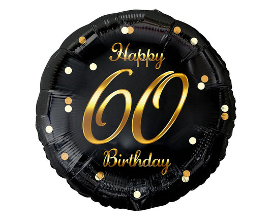 Balon foliowy Liczba 60 urodziny, B&C Happy 60 Birthday, czarny, nadruk złoty, 18"