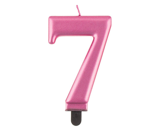Świeczka cyfra 7 urodziny, metalik różowa, 8 cm