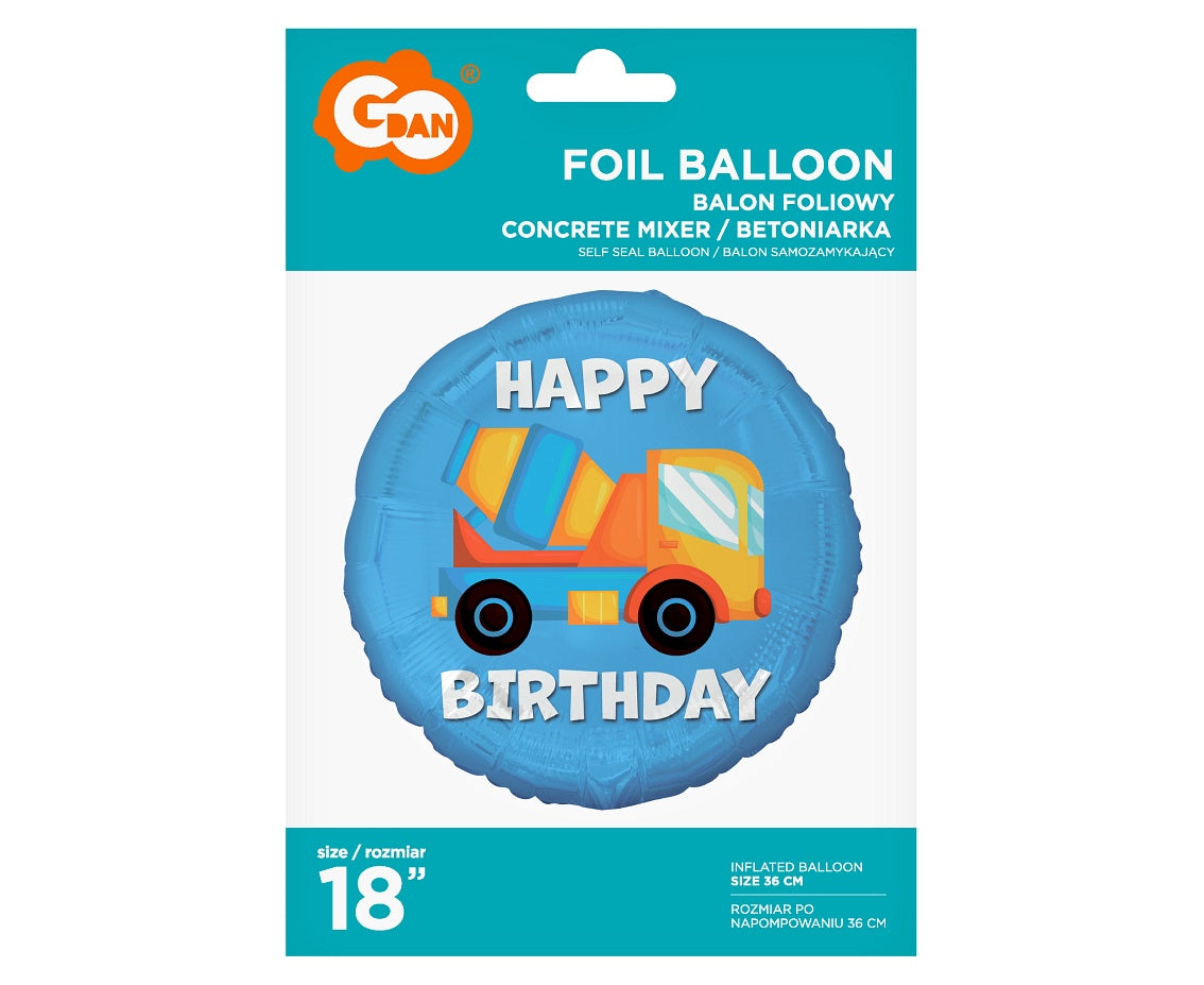 Balon foliowy Betoniarka (Happy Birthday), 45 cm