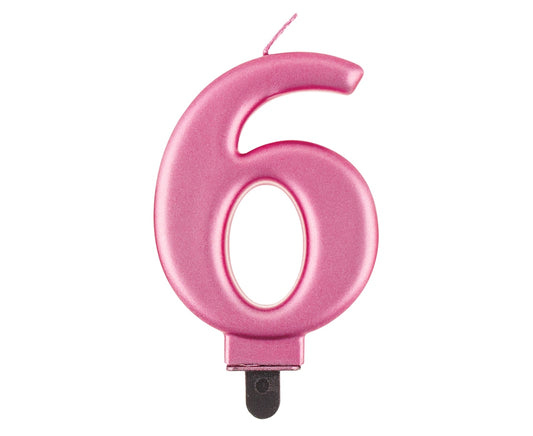 Świeczka cyfra 6 urodziny, metalik różowa, 8 cm
