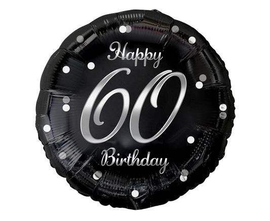 Balon foliowy Liczba 60 urodziny, B&C Happy 60 Birthday, czarny, nadruk srebrny, 18"