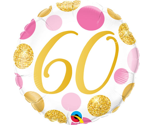 Balon foliowy LICZBA 60, Urodziny, 18 cali QL, różowo-złote groszki