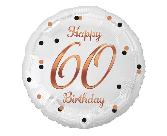 Balon foliowy Liczba 60, B&C Happy 60 Birthday, biały, nadruk różowo-złoty, 18"
