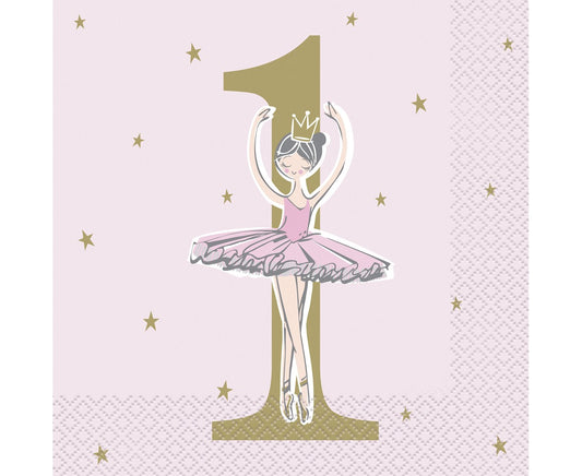 Serwetki papierowe Ballerina 1st Birthday, różowe, 16 szt.