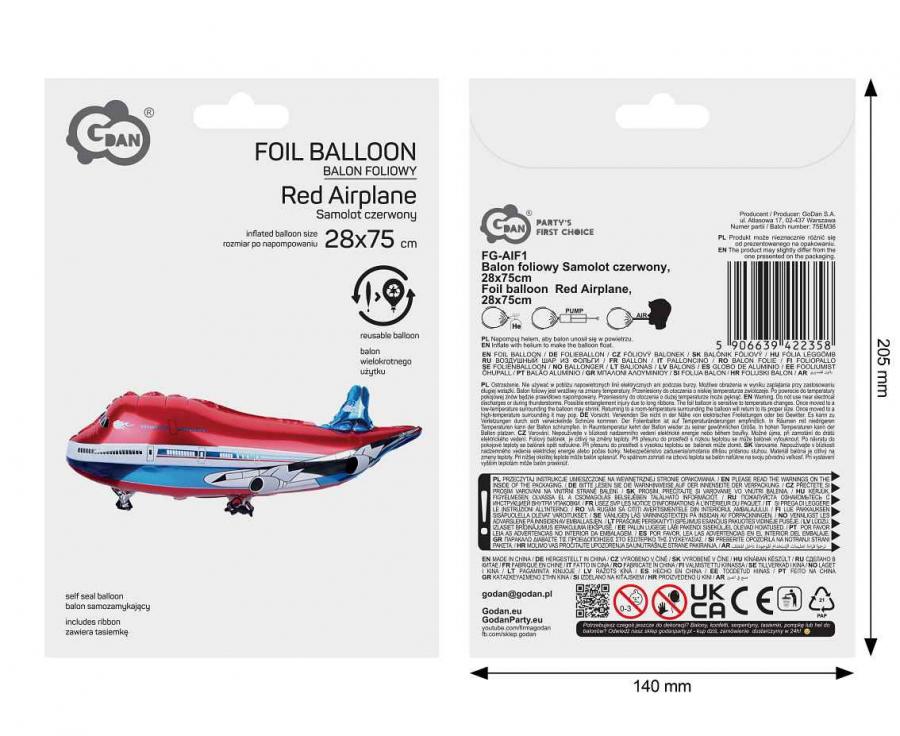 Balon foliowy czerwony samolot – 28 x 75 cm