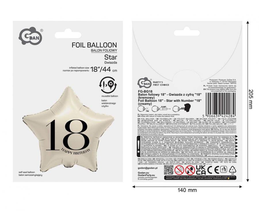 Urodzinowy balon foliowy gwiazda z cyfrą „18” kremowy, 44 cm