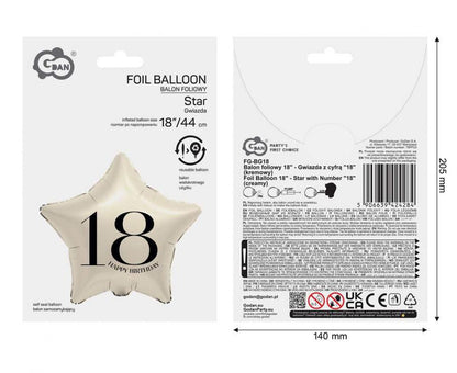 Urodzinowy balon foliowy gwiazda z cyfrą „18” kremowy, 44 cm