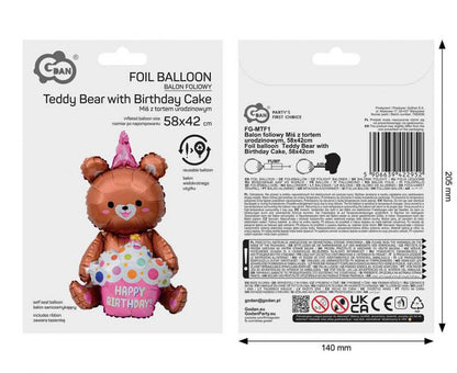 Balon foliowy Miś z tortem urodzinowym, 58x42cm