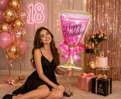 Balon foliowy Kieliszek "Happy Birthday", różowy, 38x73cm