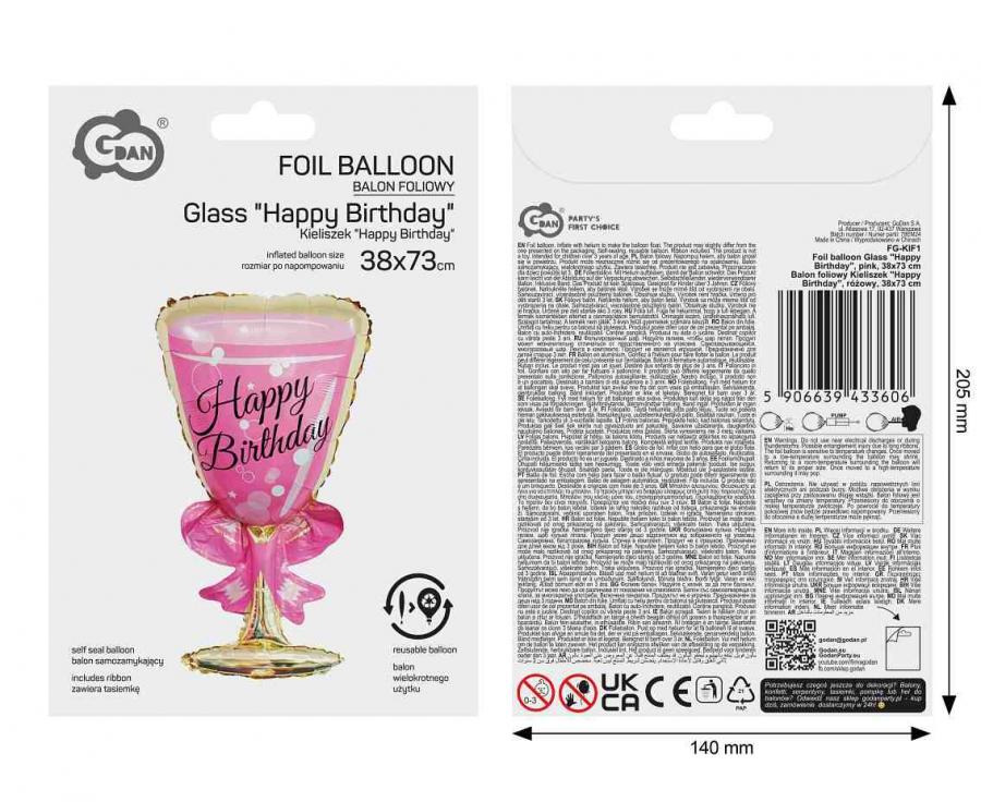 Balon foliowy Kieliszek "Happy Birthday", różowy, 38x73cm