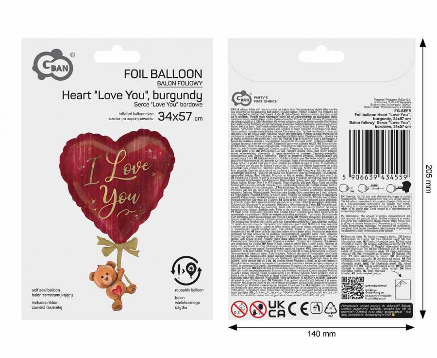 Balon foliowy Serce "Love You", bordowe, 34x57cm