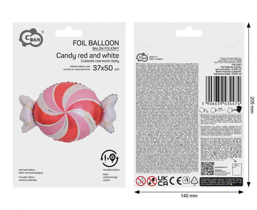 Balon foliowy Cukierek, czerwono-biały, 37x50cm