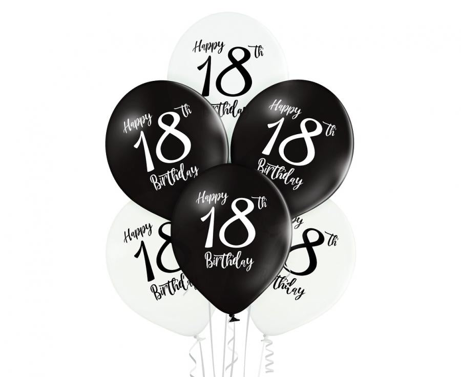 Balony lateksowe 12 cali Belbal 18 urodziny czarno-białe 6 szt.