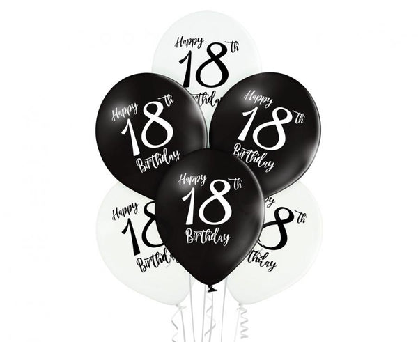 Balony lateksowe 12 cali Belbal 18 urodziny czarno-białe 6 szt.