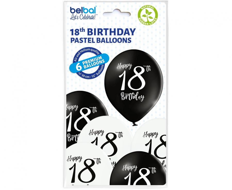 Balony lateksowe 12 cali Belbal 18 urodziny czarno-białe 6 szt.