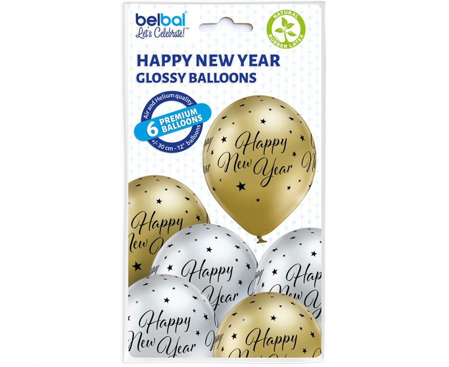 Balony lateksowe 12 cali Belbal na Sylwestra złoto-srebrne 6 szt.