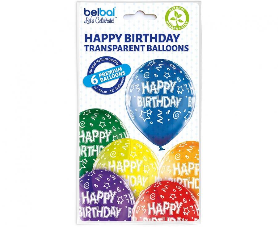 Balony lateksowe 12 cali Belbal Happy Birthday kolorowe 6 szt