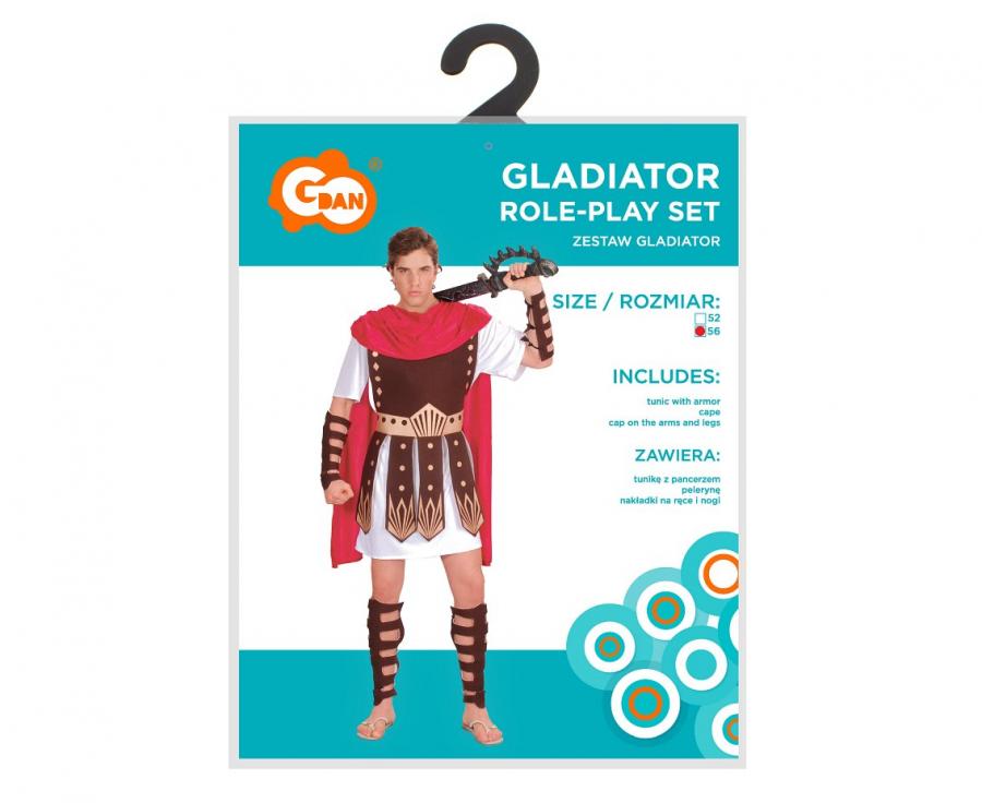 Zestaw dla dorosłych Gladiator (tunika z pancerzem, peleryna, nakładki na ręce i nogi), rozm. 52, 56