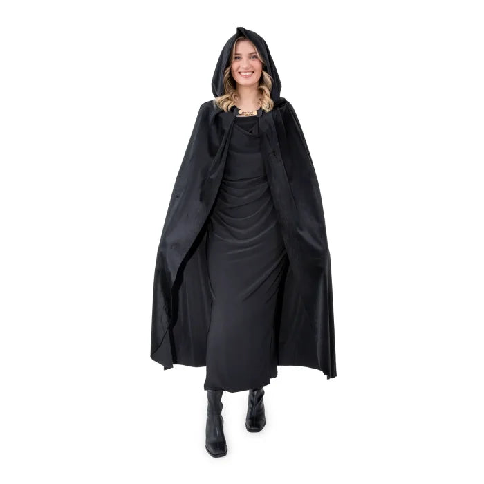 Aksamitna peleryna z kapturem – czarna (3 długości: 80 cm / 120 cm / 140 cm) - 120 cm - Costumes