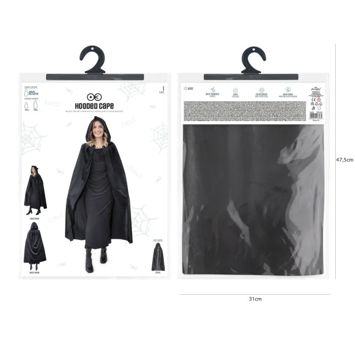 Aksamitna peleryna z kapturem – czarna (3 długości: 80 cm / 120 cm / 140 cm) - Costumes