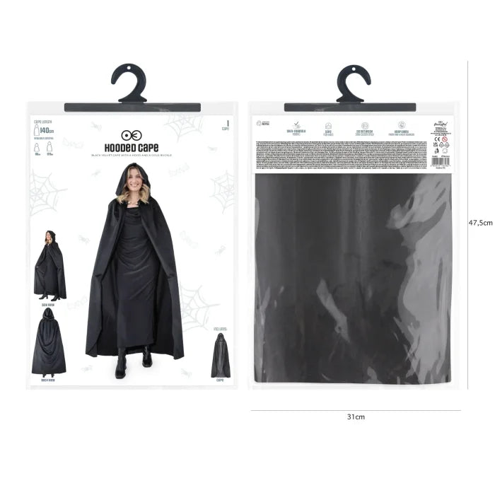 Aksamitna peleryna z kapturem – czarna (3 długości: 80 cm / 120 cm / 140 cm) - Costumes