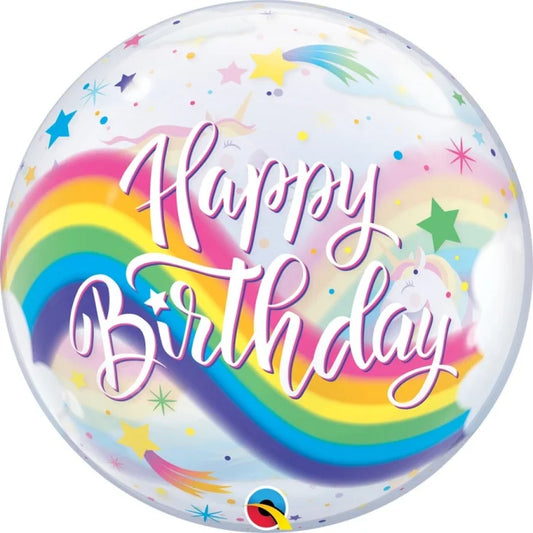 Balon foliowy 22 cali QL Bubble, Birthday Rainbow Unicorns