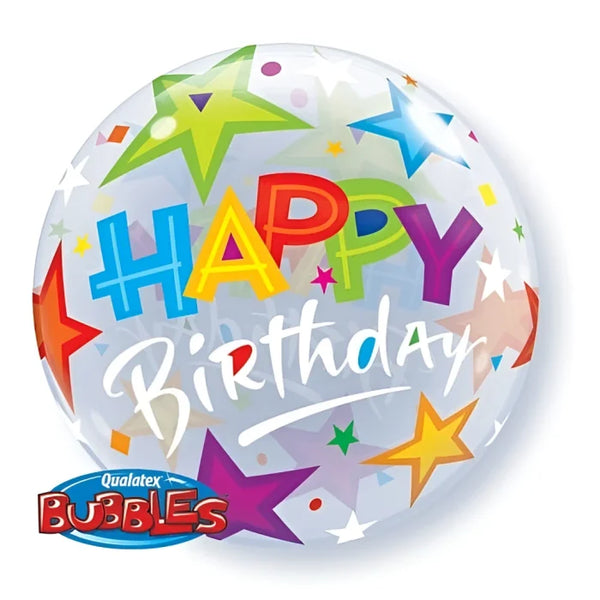 Balon foliowy 22 cali QL Bubble, Happy Birthday z gwiazdami