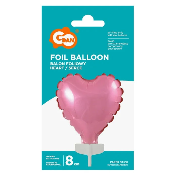 Balon foliowy 8 cm serce na patyczku, różowe