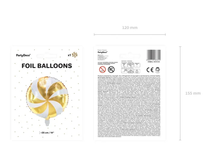 Balon Foliowy „Cukierek” – Biały ze Złotym Nadrukiem 35 cm