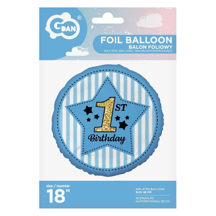 Balon foliowy Cyfra 1, 1st Birthday, niebieski, 18 cali