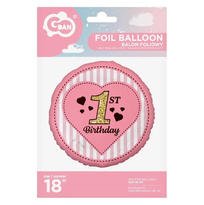 Balon foliowy Cyfra 1, 1st Birthday, różowy, 18"