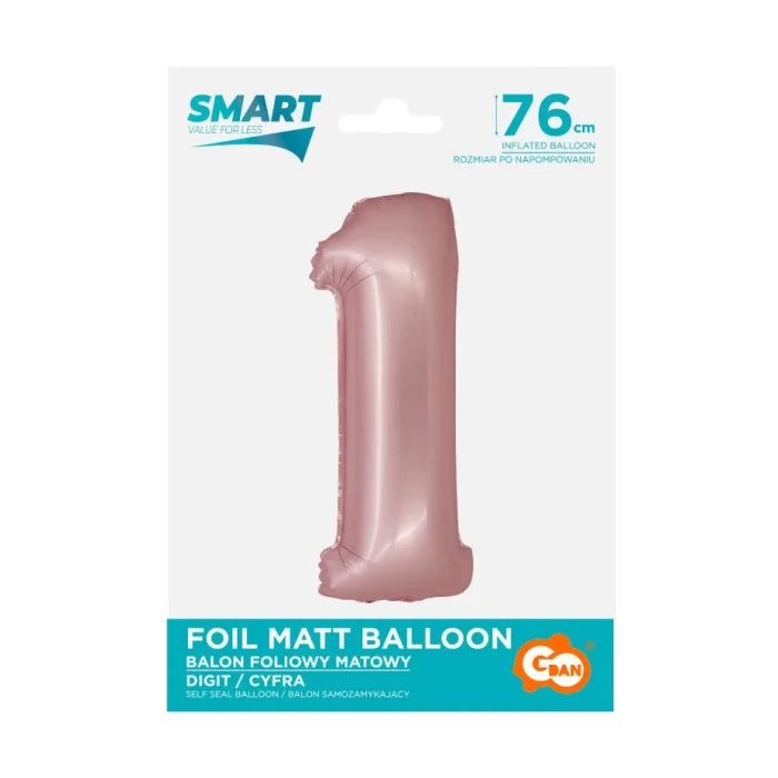 Balon foliowy Cyfra 1, j. różowa matowa, Smart, 76 cm