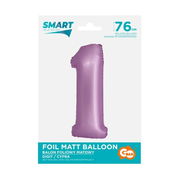 Balon foliowy Cyfra 1, lawendowa matowa, Smart, 76 cm