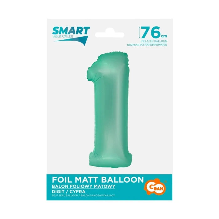 Balon foliowy Cyfra 1, miętowa matowa, Smart, 76 cm