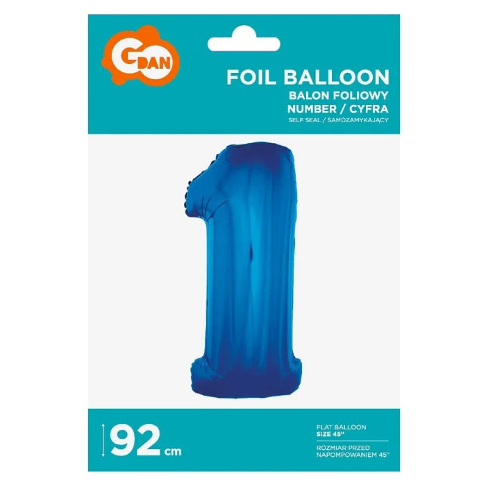 Balon foliowy Cyfra 1, niebieska, 92 cm