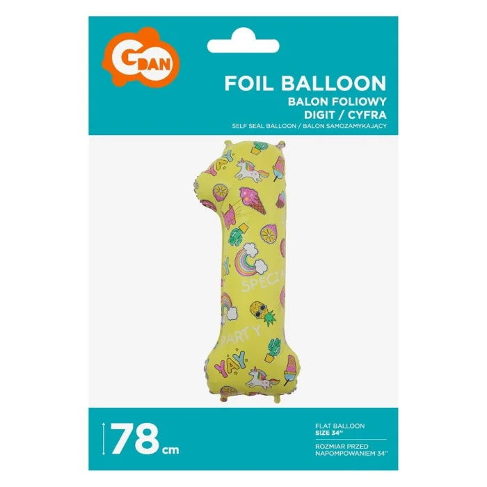 Balon foliowy CYFRA 1, obrazki, 78 cm