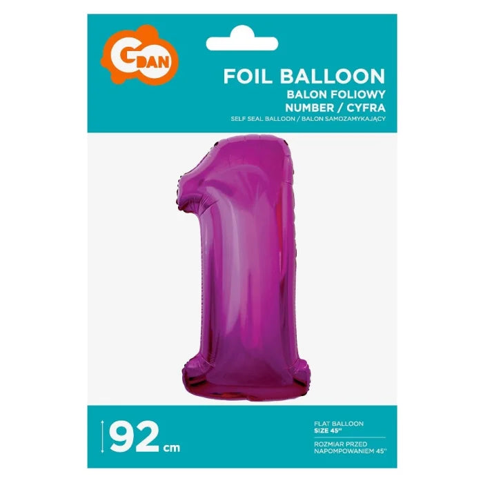 Balon foliowy Cyfra 1, różowa, 92 cm