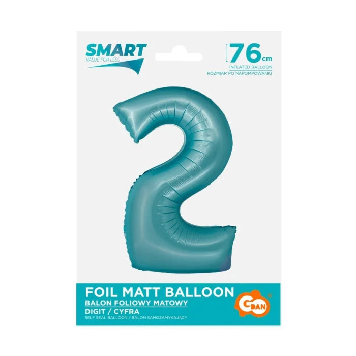 Balon foliowy Cyfra 2, j. niebieska matowa, Smart, 76 cm