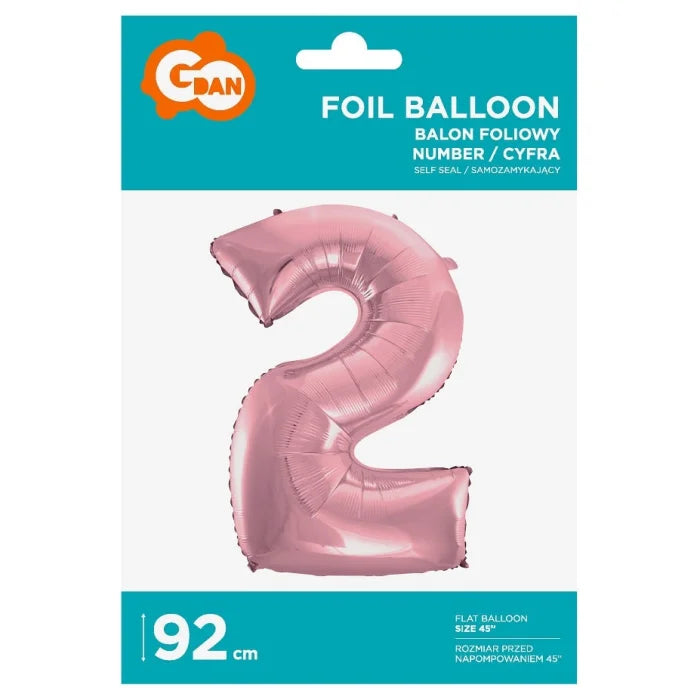 Balon foliowy Cyfra 2, jasnoróżowa, 92 cm