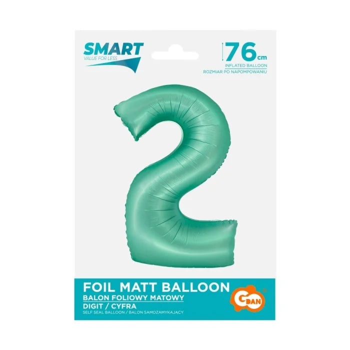 Balon foliowy Cyfra 2, miętowa matowa, Smart 76 cm