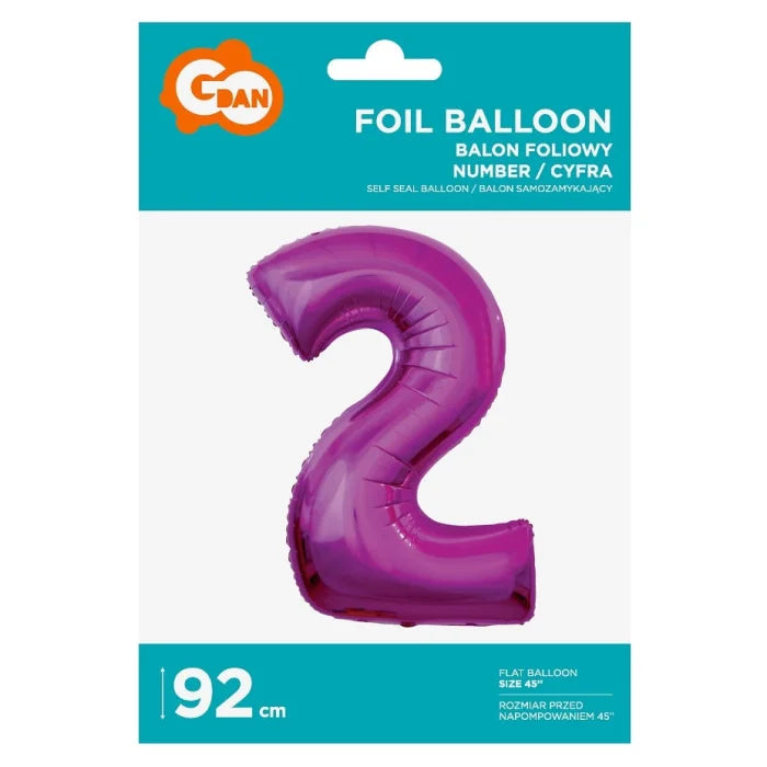 Balon foliowy Cyfra 2, różowa, 92 cm