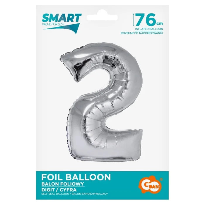 Balon foliowy Cyfra 2, Srebrna, SMART, 76 cm