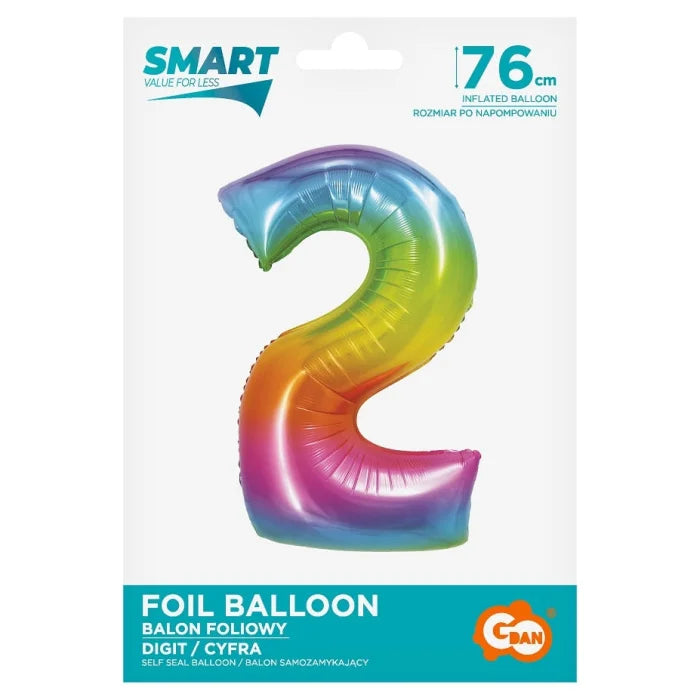 Balon foliowy Cyfra 2, tęczowa, SMART, 76 cm