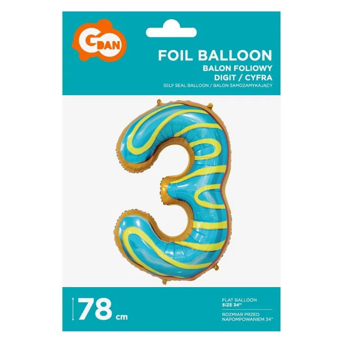 Balon foliowy CYFRA 3, ciasteczko - 78 cm