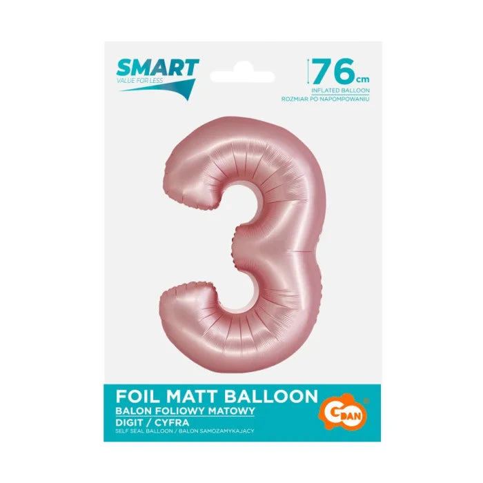 Balon foliowy Cyfra 3, j. różowa matowa, Smart, 76 cm