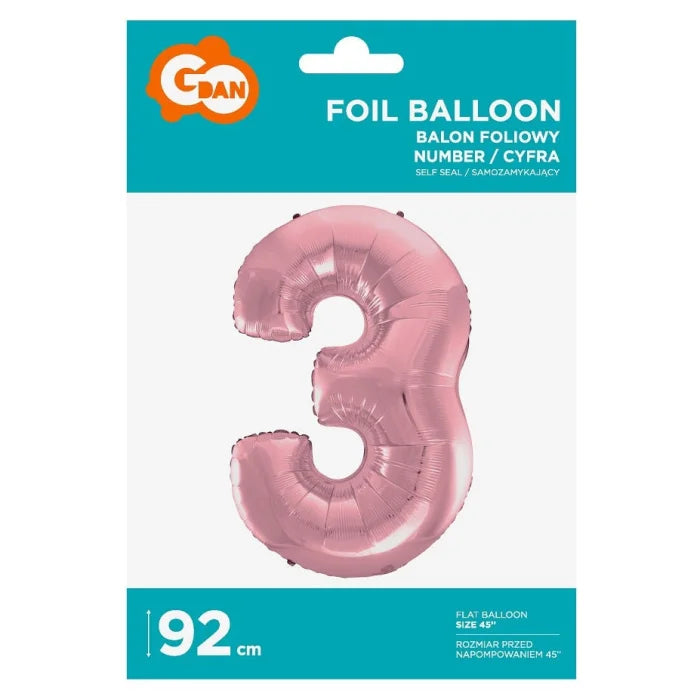 Balon foliowy Cyfra 3, jasnoróżowa, 92 cm