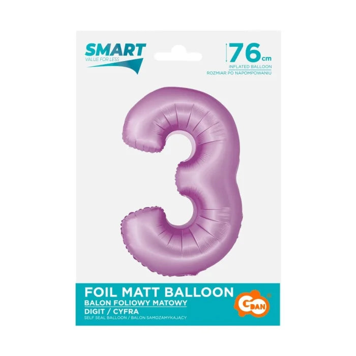 Balon foliowy Cyfra 3, lawendowa matowa, Smart, 76 cm