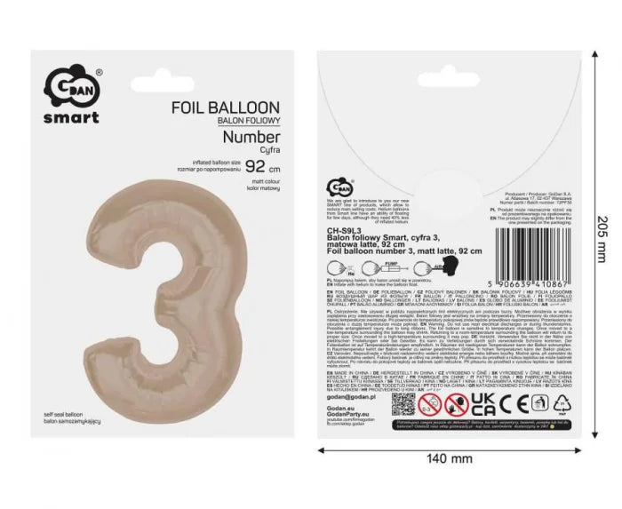 Balon Foliowy Cyfra 3 Matowa Latte (92 cm)